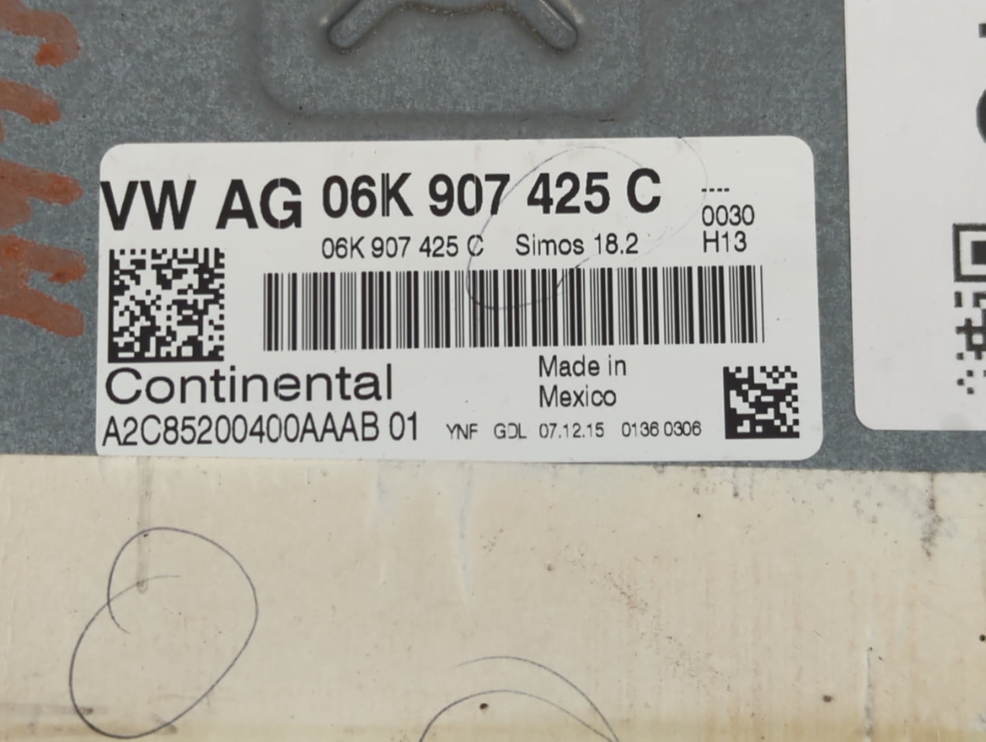 2015-2017 Volkswagen Jetta PCM Engine Control Computer ECU ECM PCU OEM P/N:06K 907 425 C Fits Fits 2015 2016 2017 OEM Used Auto Parts - Oemusedautoparts1.com