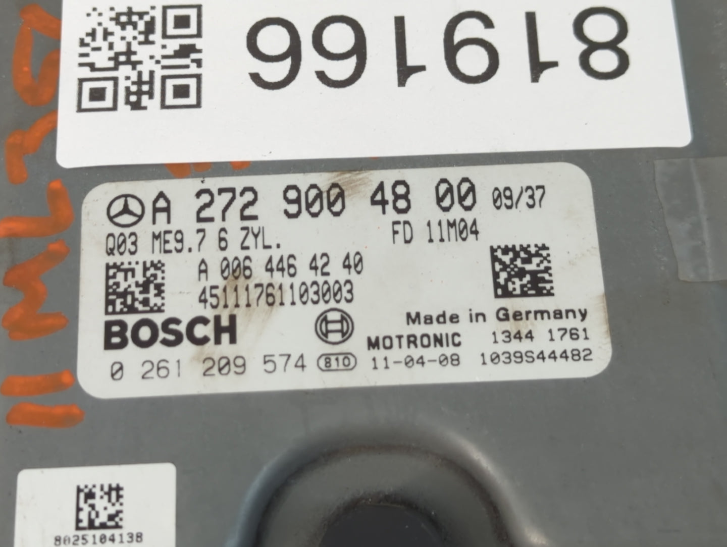 2011 Mercedes-Benz Ml250 PCM Engine Control Computer ECU ECM PCU OEM P/N:A 272 900 48 00 Fits Fits 2010 OEM Used Auto Parts - Oemusedautoparts1.com