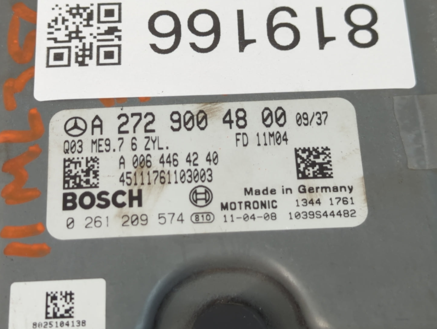 2011 Mercedes-Benz Ml250 PCM Engine Control Computer ECU ECM PCU OEM P/N:A 272 900 48 00 Fits Fits 2010 OEM Used Auto Parts - Oemusedautoparts1.com