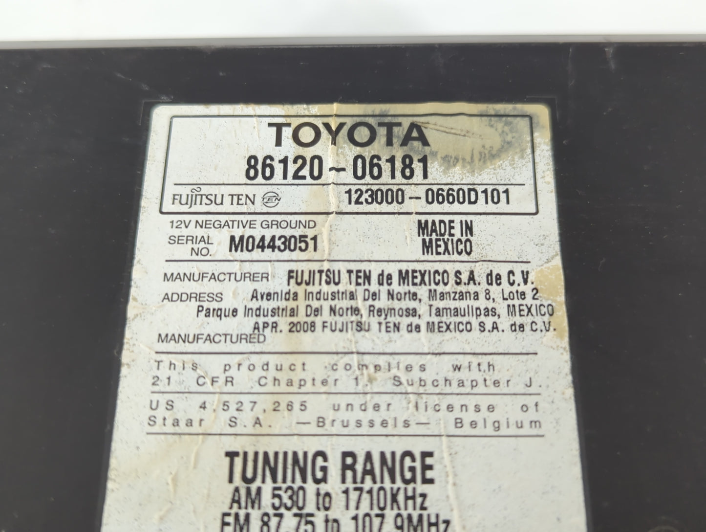 2007-2009 Toyota Camry Radio AM FM Cd Player Receiver Replacement P/N:86120-06181 Fits Fits 2007 2008 2009 OEM Used Auto Parts - Oemusedautoparts1.com