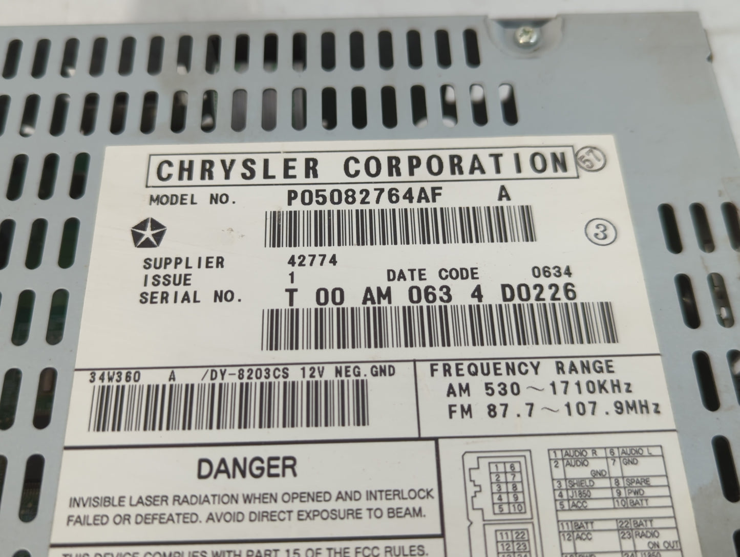 2004-2008 Chrysler Pacifica Radio AM FM Cd Player Receiver Replacement P/N:P05082764AF Fits Fits 2004 2005 2006 2007 2008 OEM Used Auto Parts - Oemusedautoparts1.com