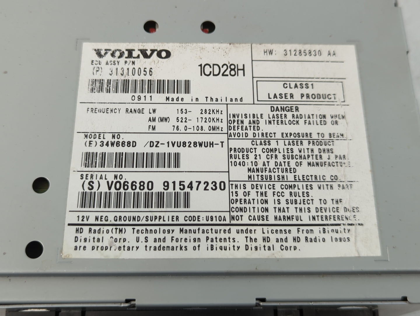 2009-2014 Volvo Xc90 Radio AM FM Cd Player Receiver Replacement P/N:31310056 Fits Fits 2009 2010 2011 2012 2013 2014 OEM Used Auto Parts - Oemusedautoparts1.com