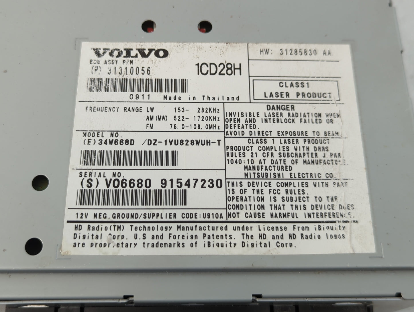2009-2014 Volvo Xc90 Radio AM FM Cd Player Receiver Replacement P/N:31310056 Fits Fits 2009 2010 2011 2012 2013 2014 OEM Used Auto Parts - Oemusedautoparts1.com