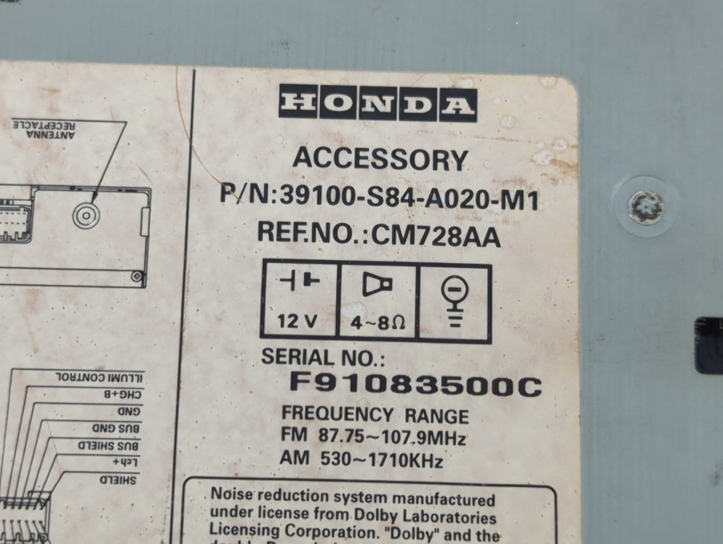 1998-2002 Honda Accord Radio AM FM Cd Player Receiver Replacement P/N:F91197303C 39100-S84-A020-M1 Fits OEM Used Auto Parts - Oemusedautoparts1.com