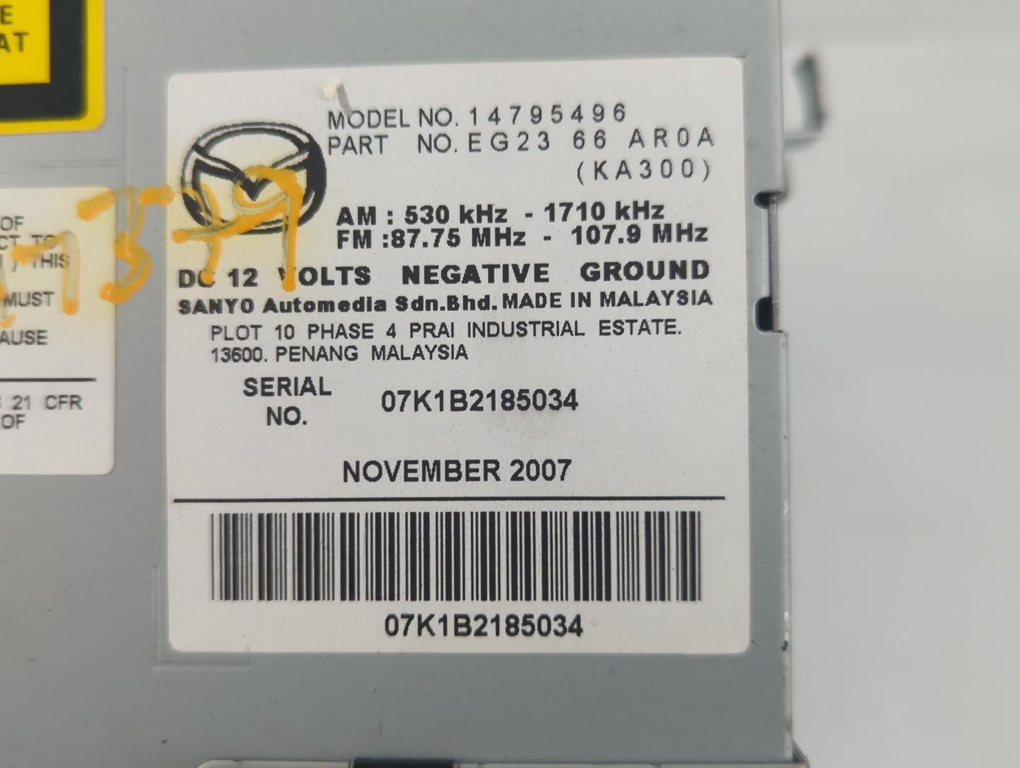 2007-2009 Mazda Cx-7 Radio AM FM Cd Player Receiver Replacement P/N:EG23 66 AR0A Fits Fits 2007 2008 2009 OEM Used Auto Parts - Oemusedautoparts1.com