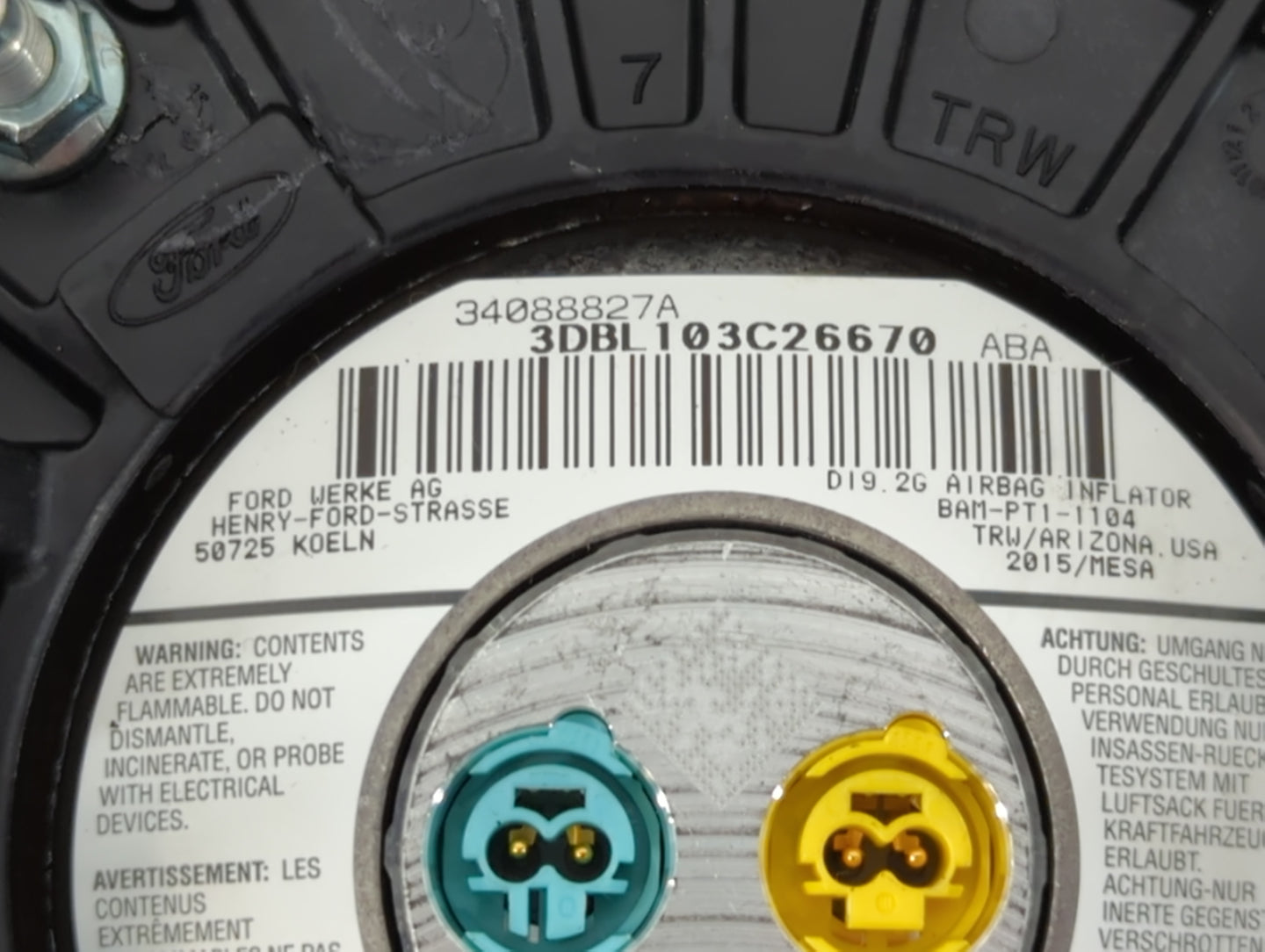 2013-2016 Ford Escape Air Bag Driver Left Steering Wheel Mounted P/N:3408827A Fits Fits 2013 2014 2015 2016 OEM Used Auto Parts - Oemusedautoparts1.com