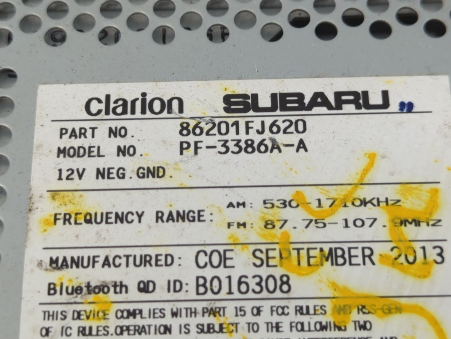 2012-2014 Subaru Impreza Radio AM FM Cd Player Receiver Replacement P/N:86201FJ620 Fits Fits 2012 2013 2014 OEM Used Auto Parts - Oemusedautoparts1.com