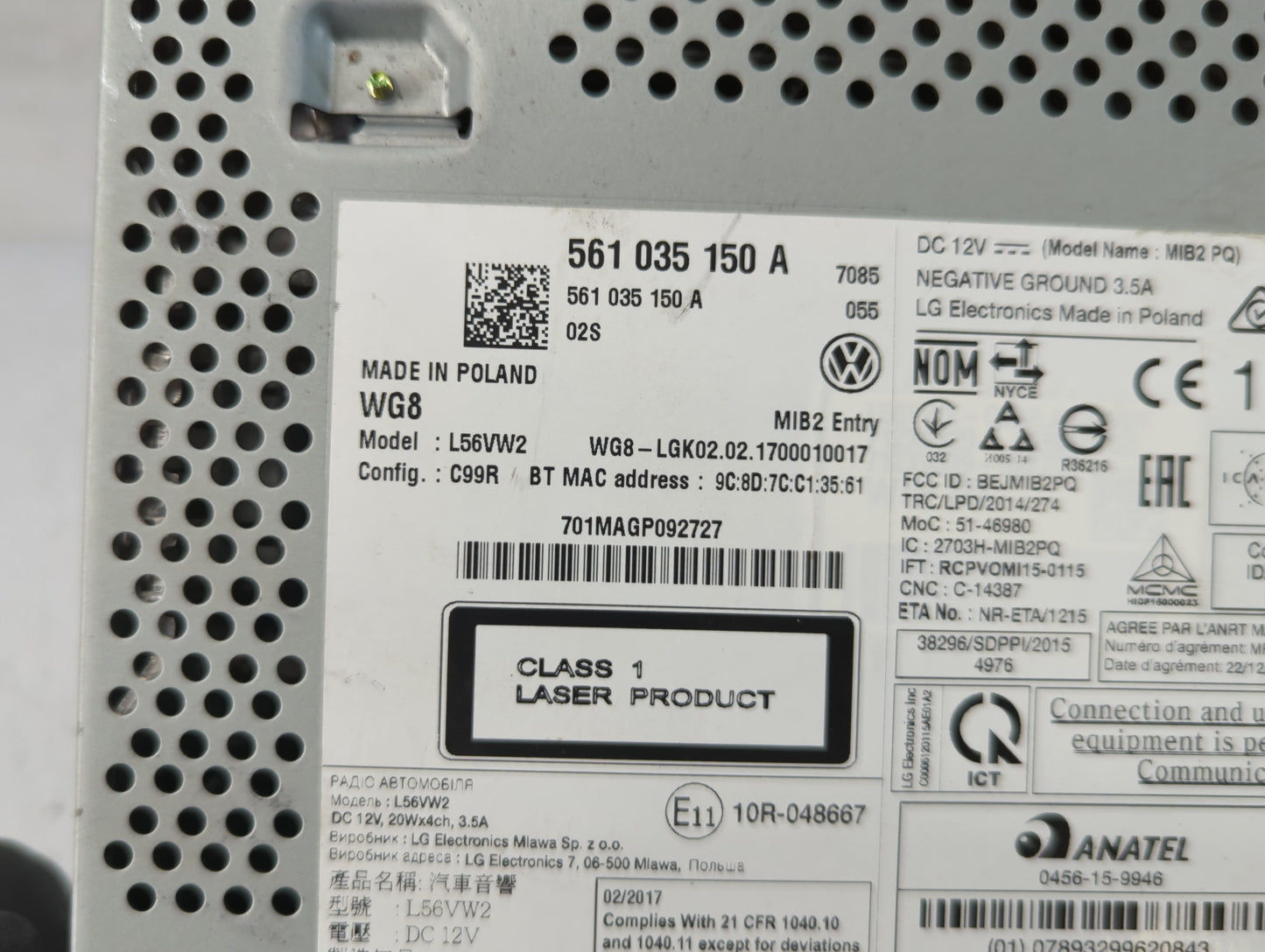 2016-2017 Volkswagen Jetta Radio AM FM Cd Player Receiver Replacement P/N:561 035 150 A Fits Fits 2013 2014 2015 2016 2017 OEM Used Auto Parts