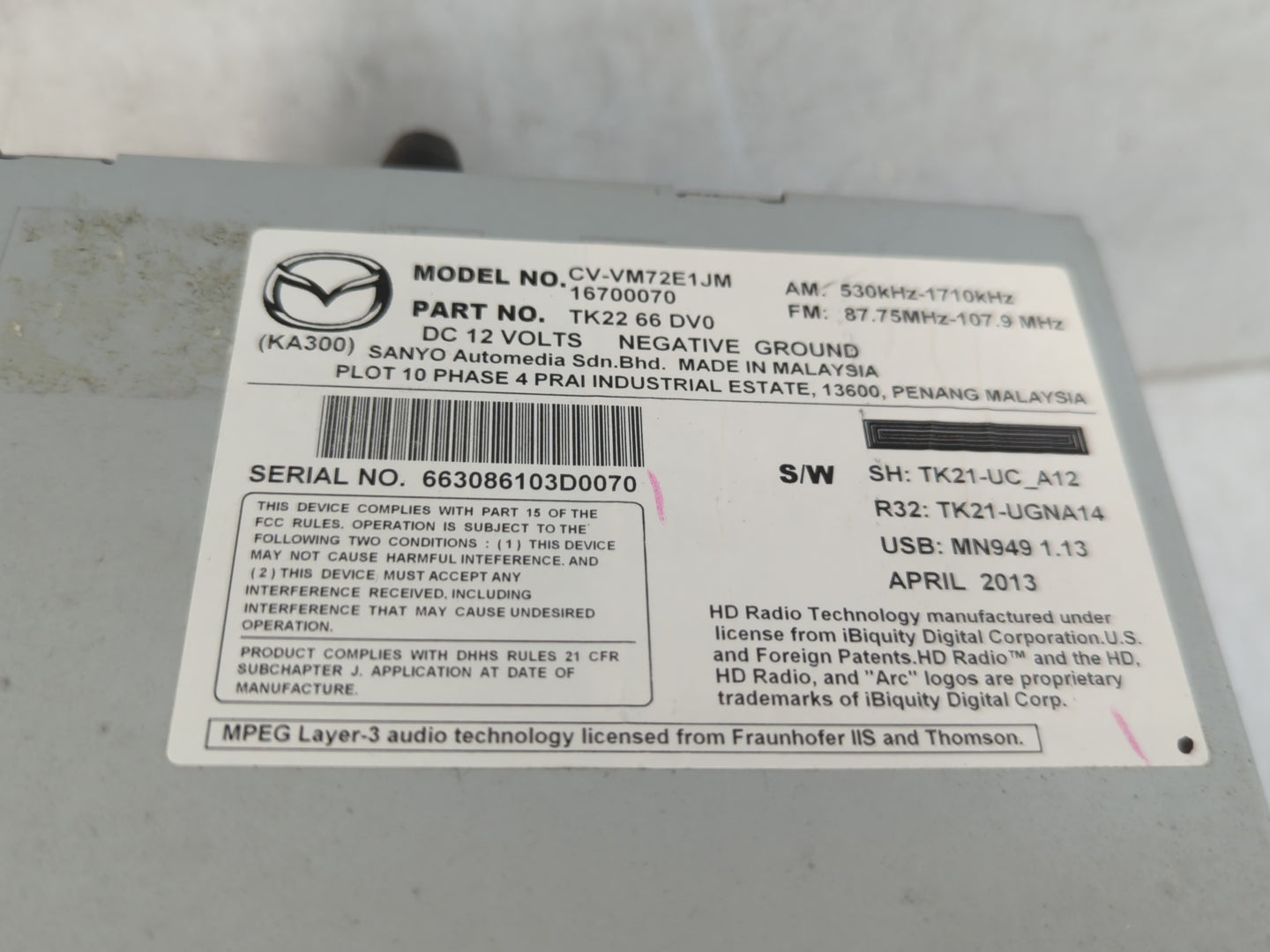 2013-2015 Mazda Cx-9 Radio AM FM Cd Player Receiver Replacement P/N:TK22 66 DV0 Fits Fits 2013 2014 2015 OEM Used Auto Parts - Oemusedautoparts1.com