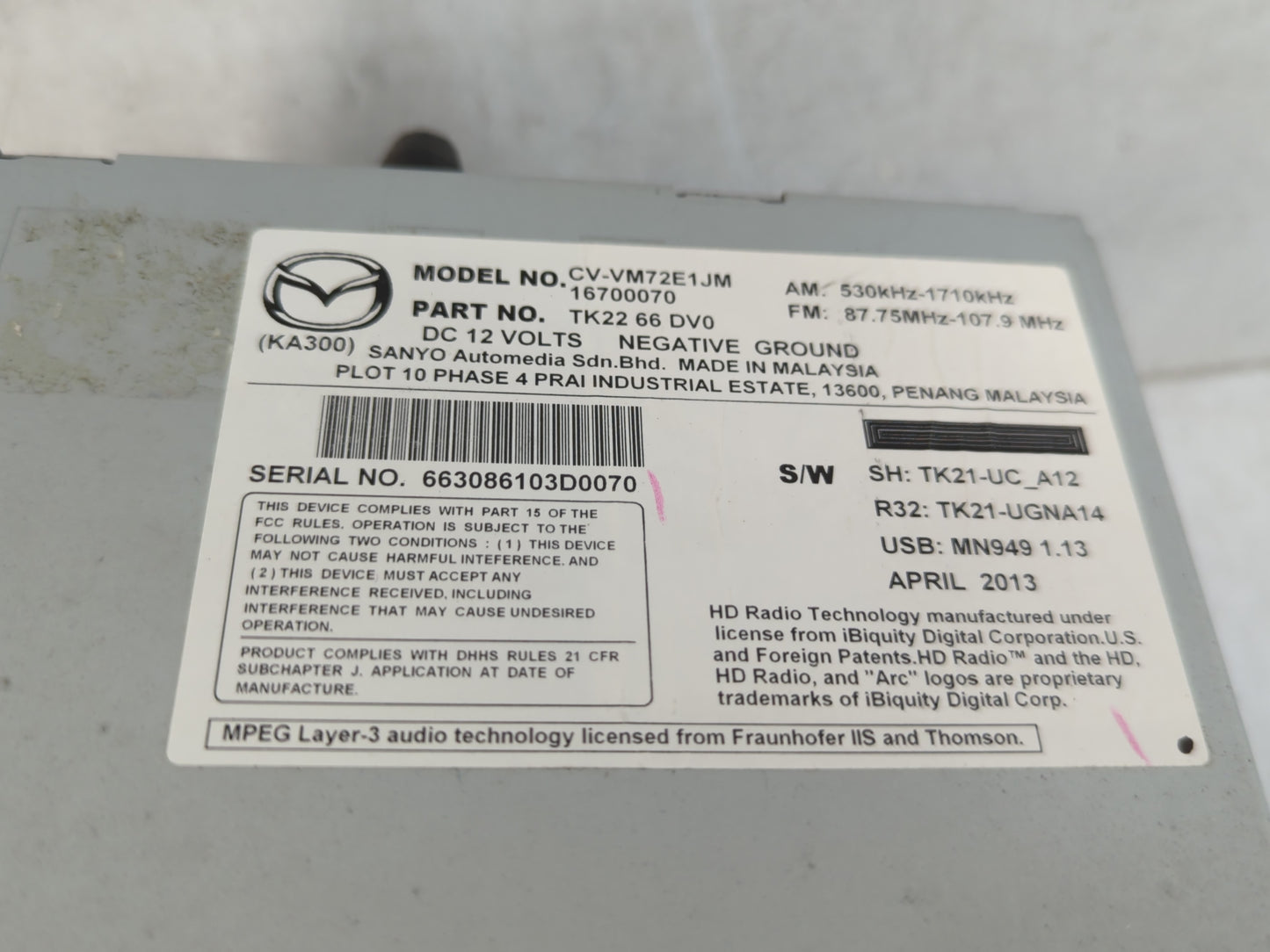 2013-2015 Mazda Cx-9 Radio AM FM Cd Player Receiver Replacement P/N:TK22 66 DV0 Fits Fits 2013 2014 2015 OEM Used Auto Parts - Oemusedautoparts1.com