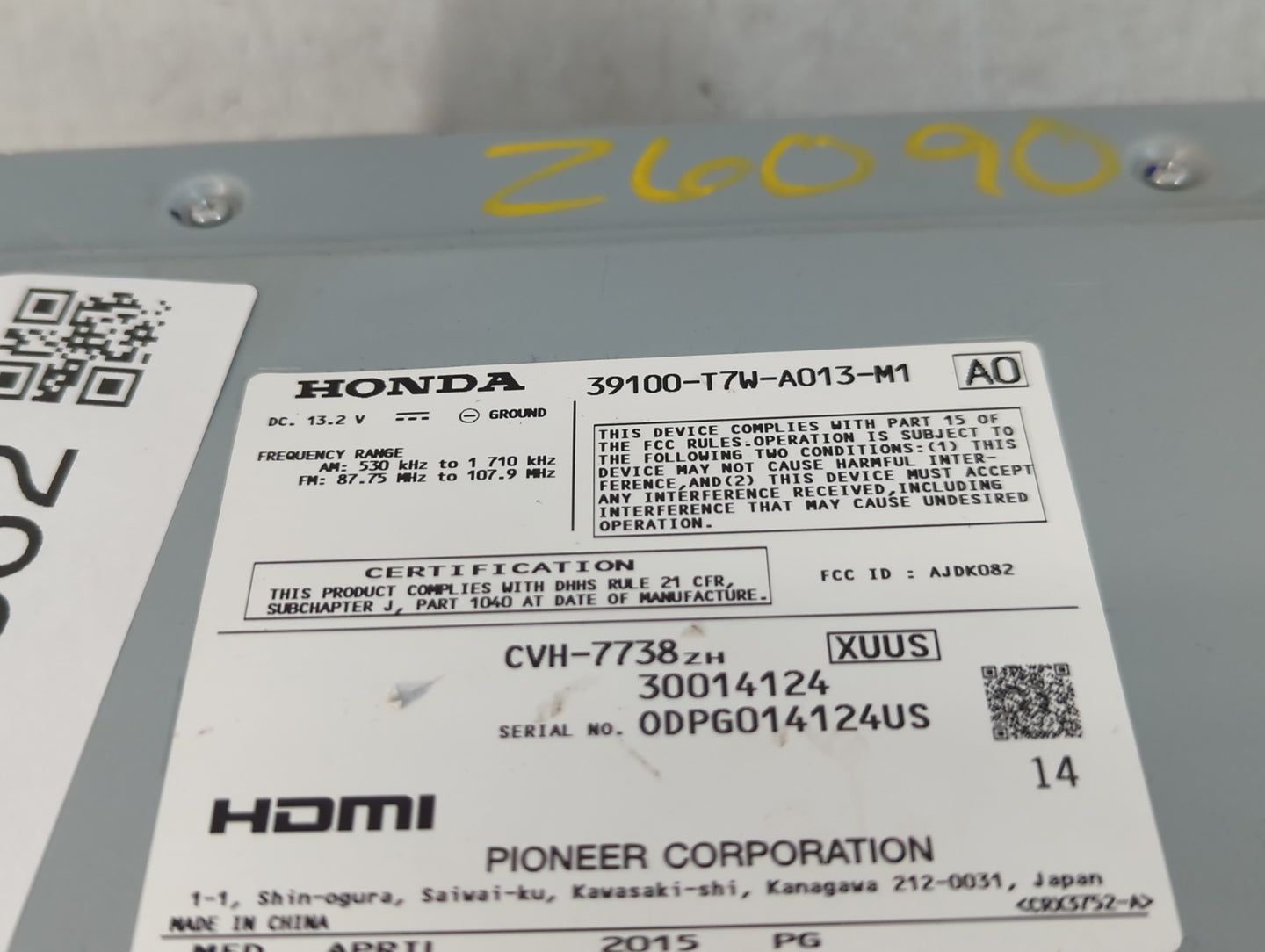 2016 Honda Hr-V Radio AM FM Cd Player Receiver Replacement P/N:39100-T7W-A013-M1 Fits OEM Used Auto Parts - Oemusedautoparts1.com