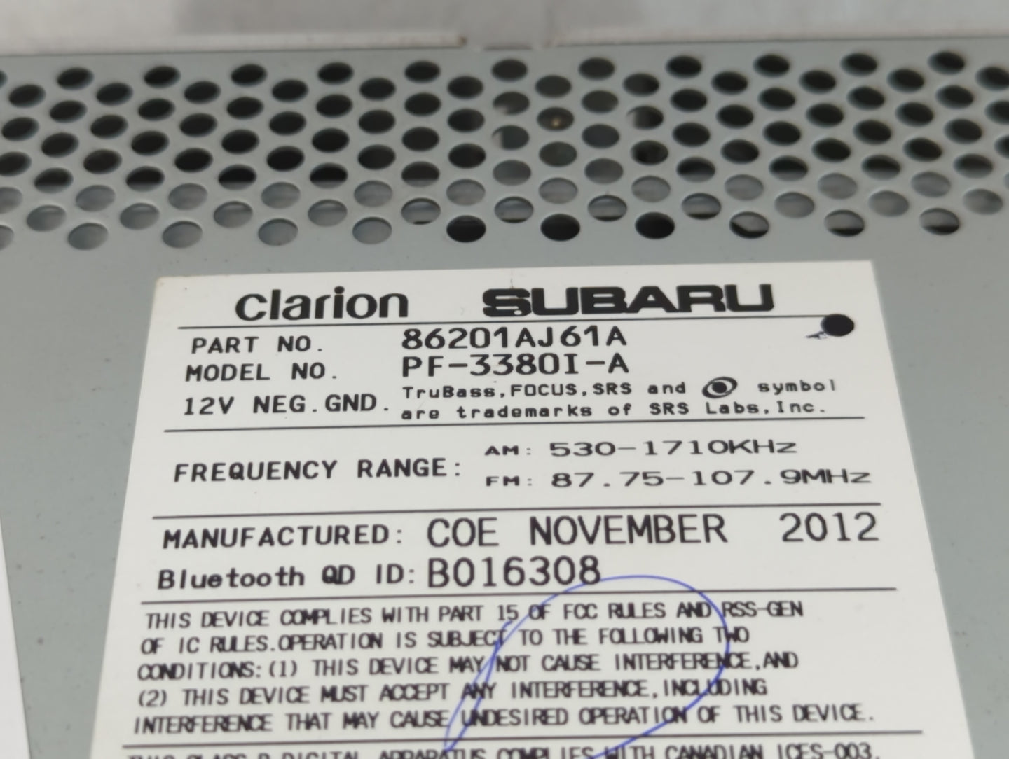 2012-2014 Subaru Legacy Radio AM FM Cd Player Receiver Replacement P/N:86201AJ61A Fits Fits 2012 2013 2014 OEM Used Auto Parts - Oemusedautoparts1.com