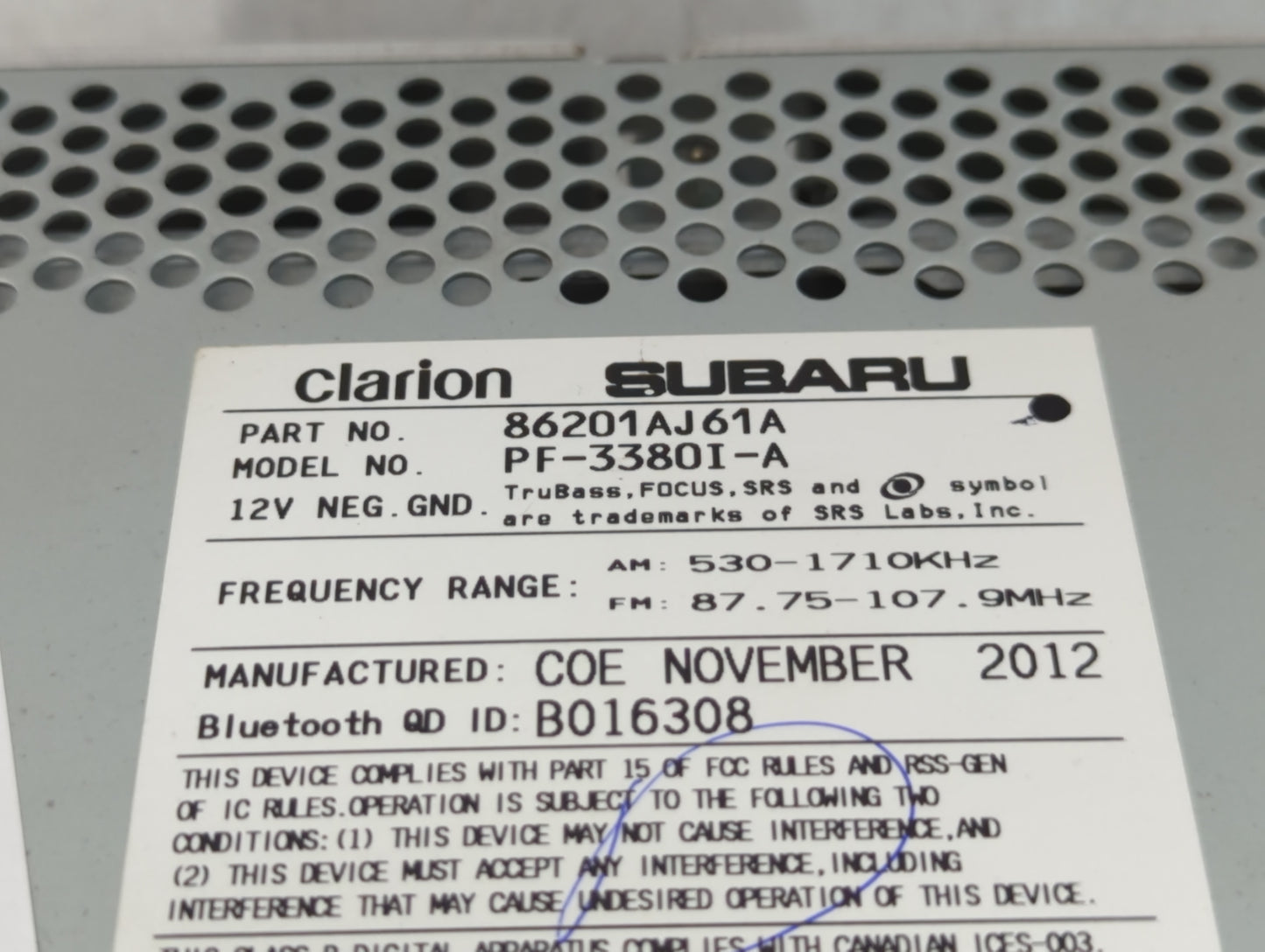 2012-2014 Subaru Legacy Radio AM FM Cd Player Receiver Replacement P/N:86201AJ61A Fits Fits 2012 2013 2014 OEM Used Auto Parts - Oemusedautoparts1.com