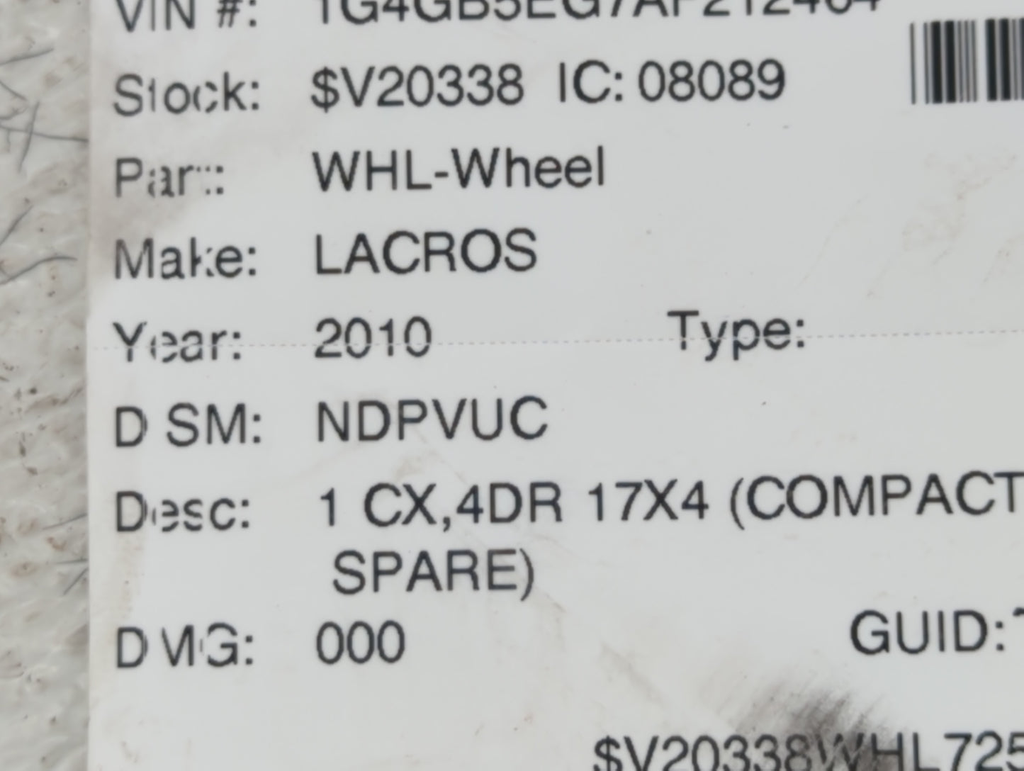 2010-2016 Buick Lacrosse Spare Donut Tire Wheel Rim Oem