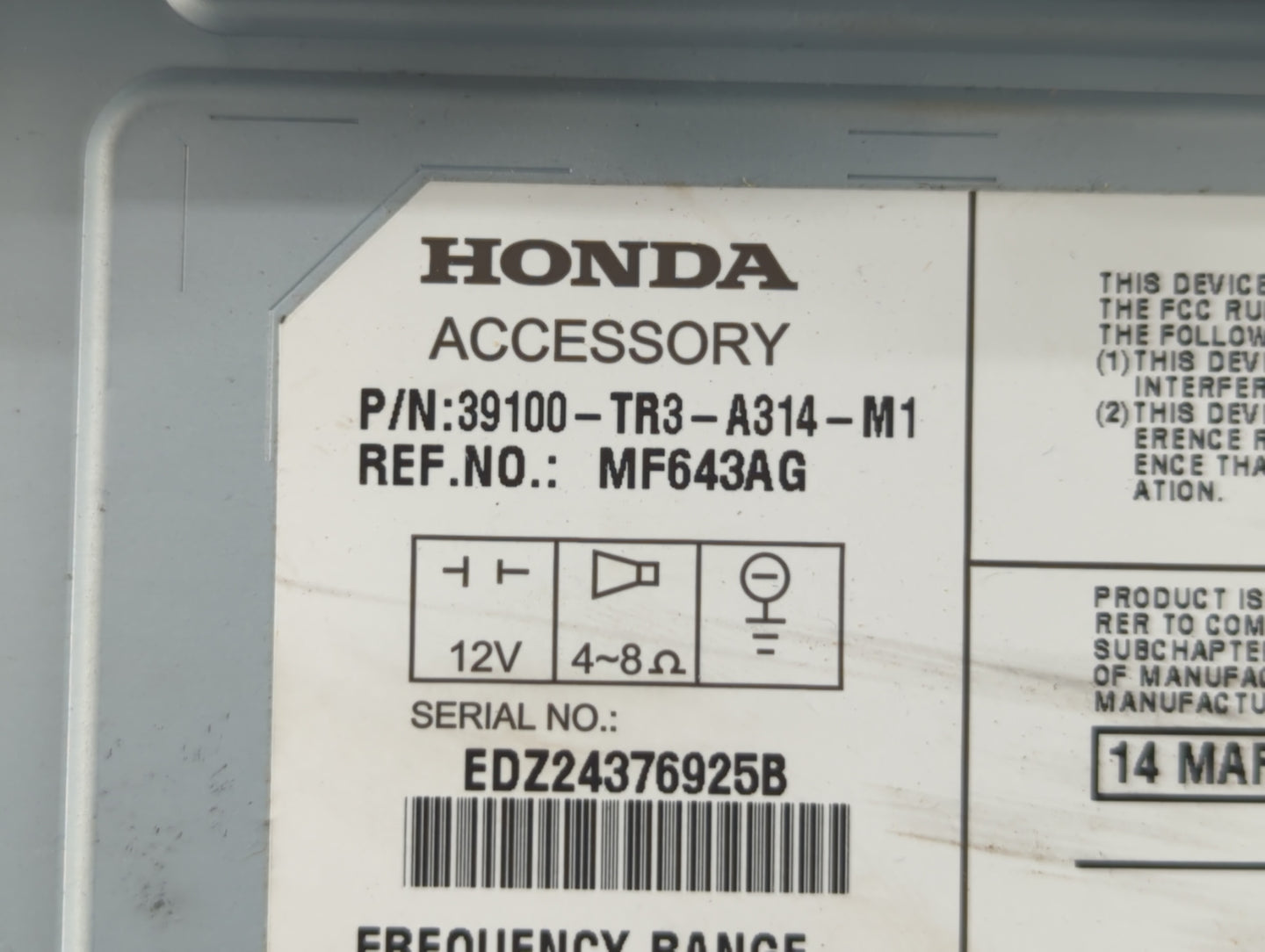 2013-2015 Honda Civic Radio AM FM Cd Player Receiver Replacement P/N:39100-TR3-A314-M1 Fits 2013 2014 2015 OEM Used Auto Parts - Oemusedautoparts1.com